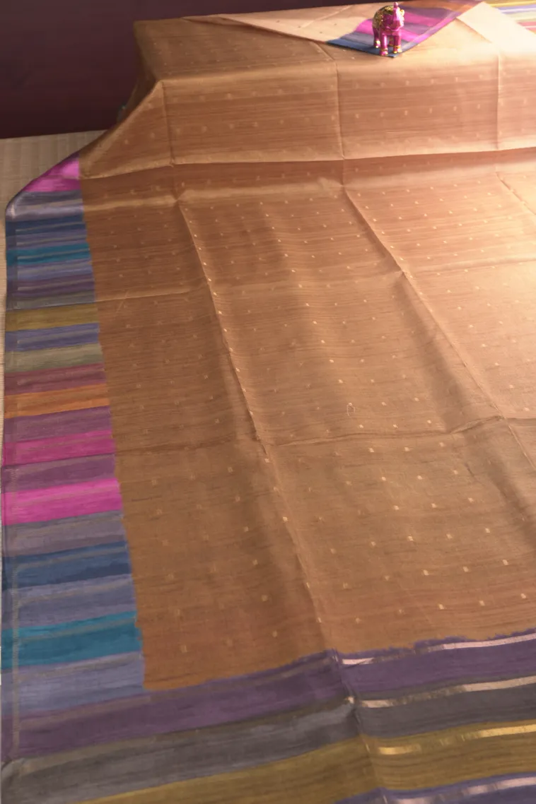 Peanut Brown Tussar Saree with Gold Zari Buttis (small Dots Or Motifs) view 2