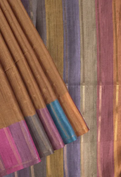 Peanut Brown Tussar Saree with Gold Zari Buttis (small Dots Or Motifs)