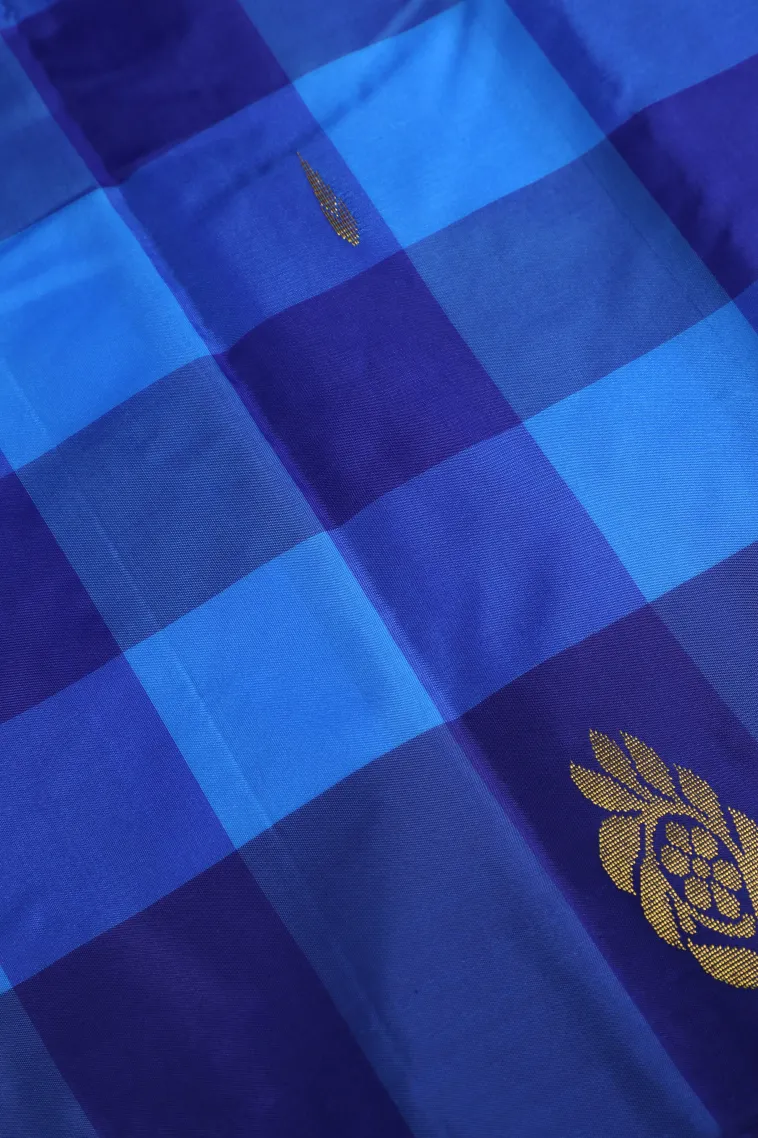 Daffane Blue Arani Silk Sarees with Gold Zari Checks And Puttas view 3