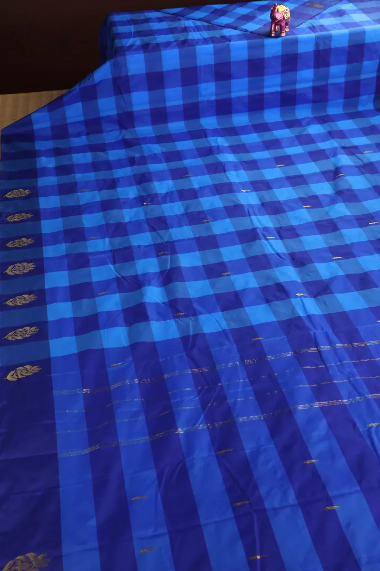 Daffane Blue Arani Silk Sarees with Gold Zari Checks And Puttas view 2