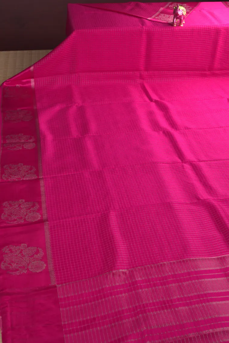 Magenta Pink Banaras Sarees with Gold Zari Small Checks Pattern view 2