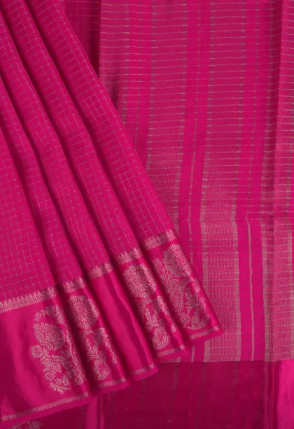 Magenta Pink Banaras Sarees with Gold Zari Small Checks Pattern