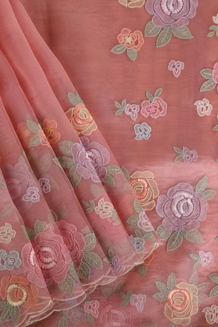 Lemonade Pink Organza Saree with Thread Zari Flower Mottif
