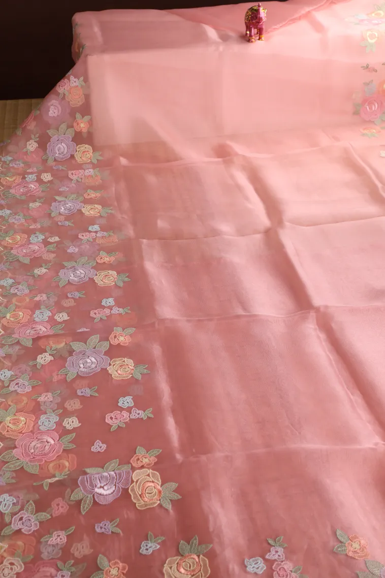 Lemonade Pink Organza Saree with Thread Zari Flower Mottif view 2