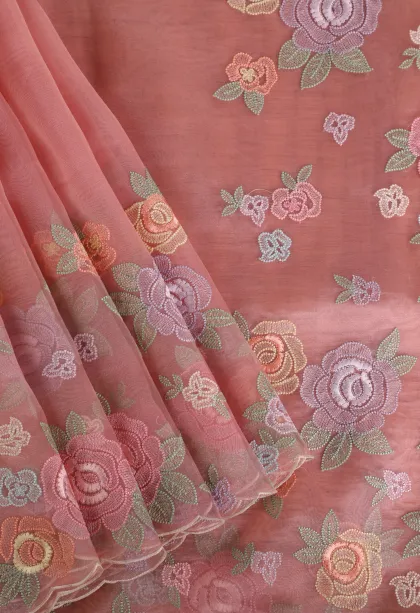 Lemonade Pink Organza Saree with Thread Zari Flower Mottif