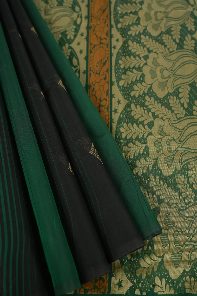 Asphalt Black Kanchi Cotton Sarees Without Zari With Stripes And Puttas