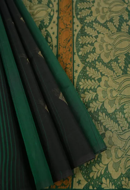 Asphalt Black Kanchi Cotton Sarees Without Zari With Stripes And Puttas