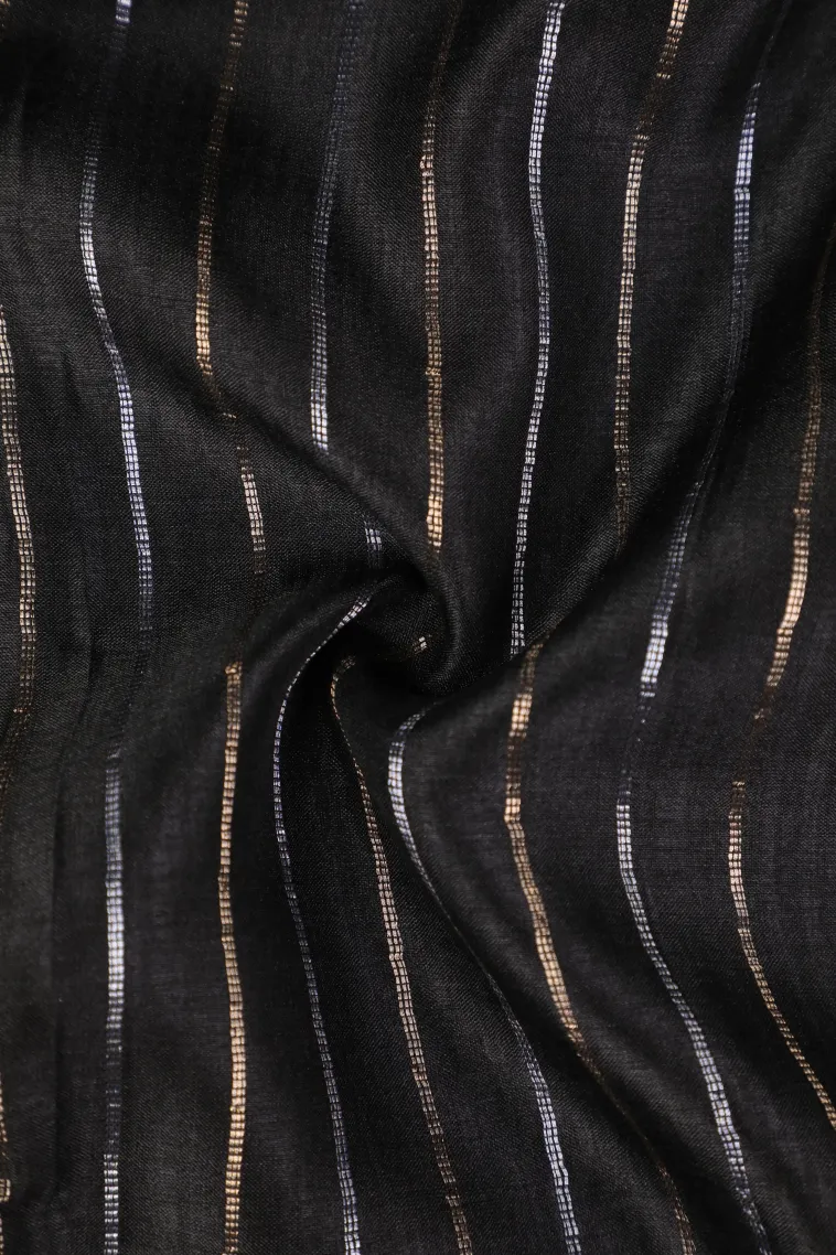 Asphalt Black Banaras Sarees with Gold And Silver Zari Stripes view 4