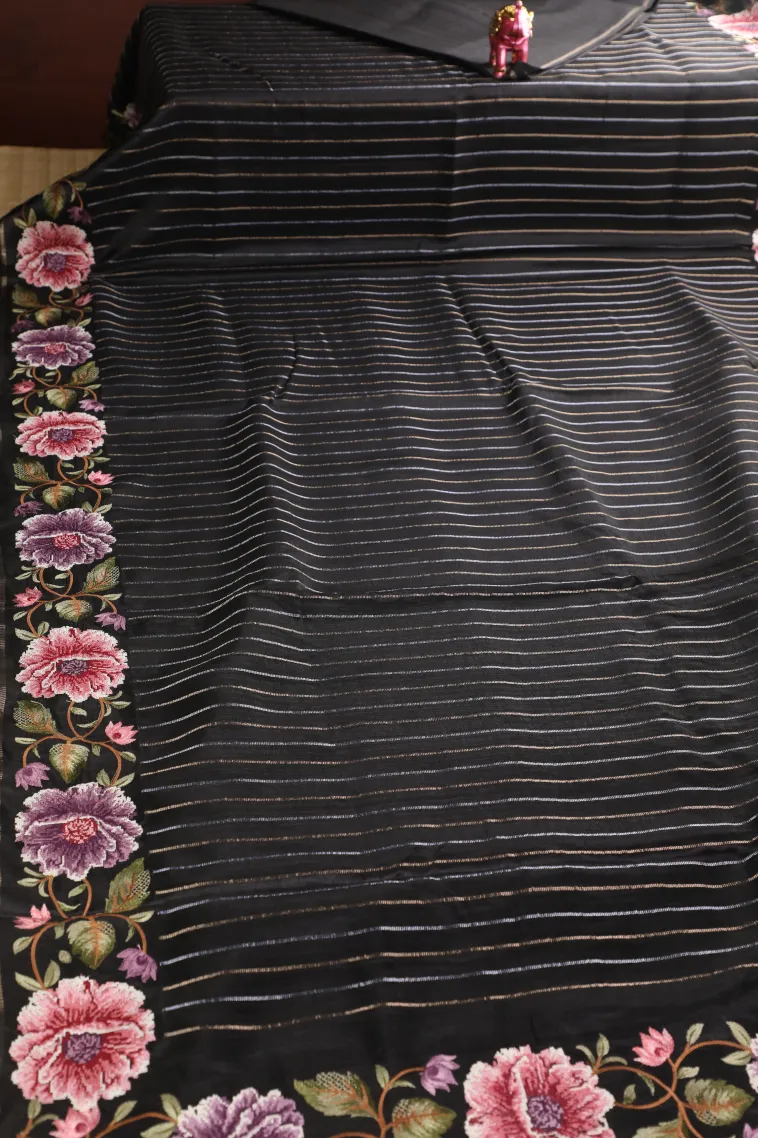 Asphalt Black Banaras Sarees with Gold And Silver Zari Stripes view 2