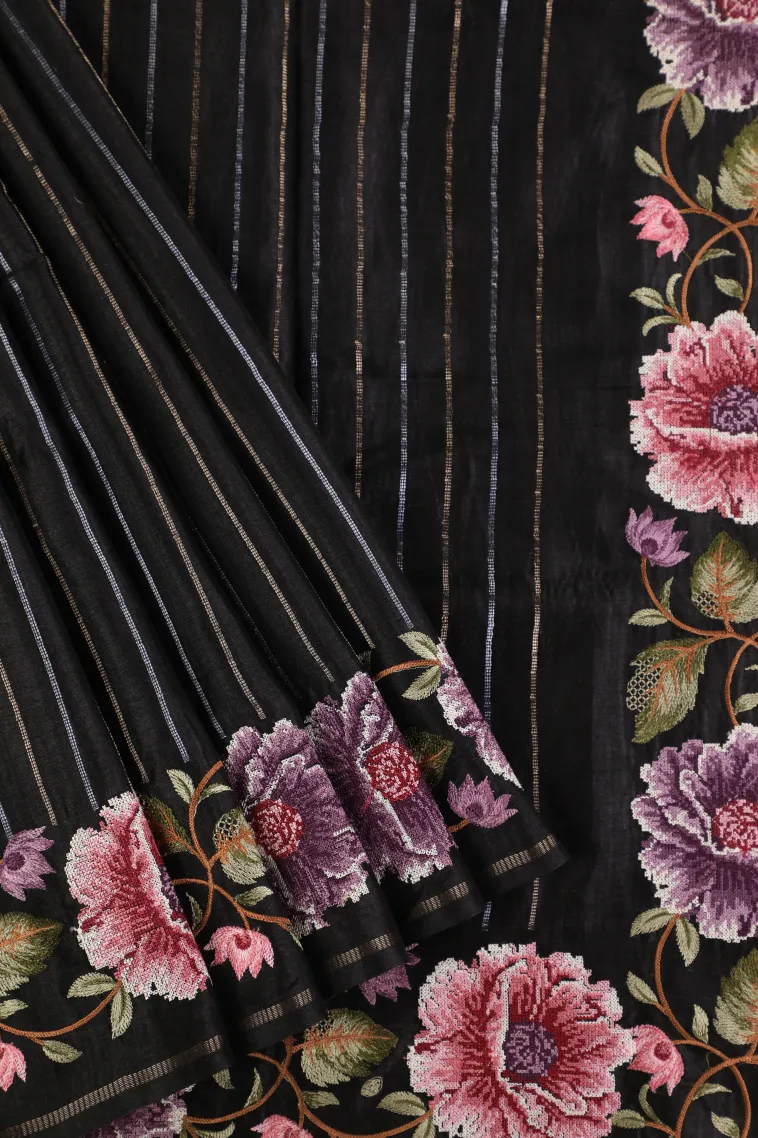 Asphalt Black Banaras Sarees with Gold And Silver Zari Stripes
