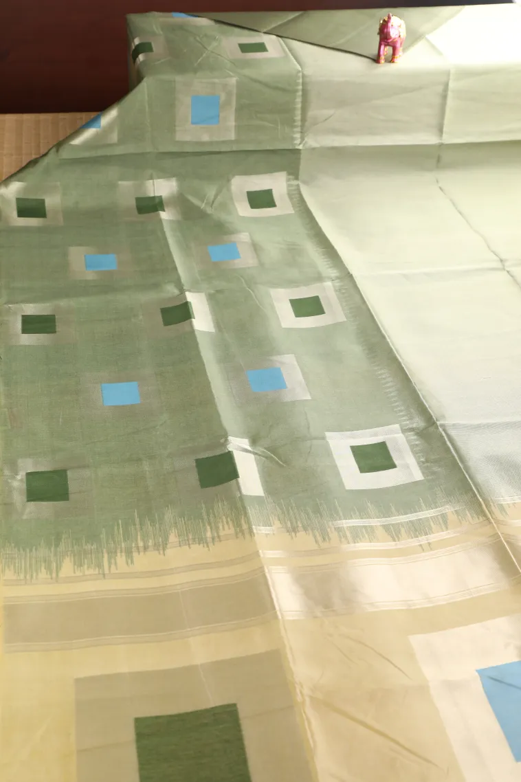 Sage Green Jute Sarees with Bronze Zari Geometric Shapes view 2