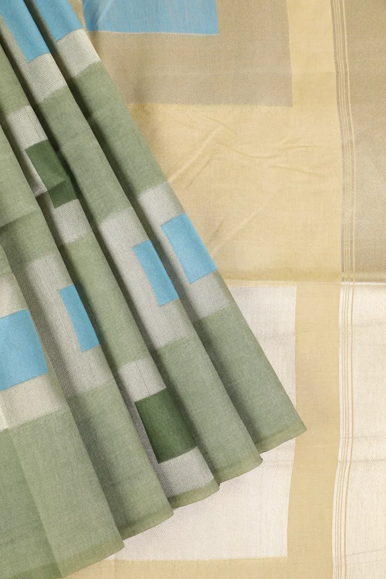 Sage Green Jute Sarees with Bronze Zari Geometric Shapes view 1
