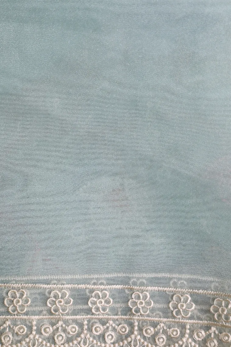 Sky Blue Organza Saree with Thread Zari Flower Mottif view 3