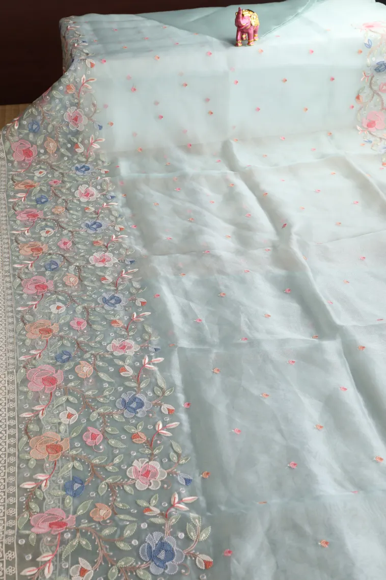 Sky Blue Organza Saree with Thread Zari Flower Mottif view 2