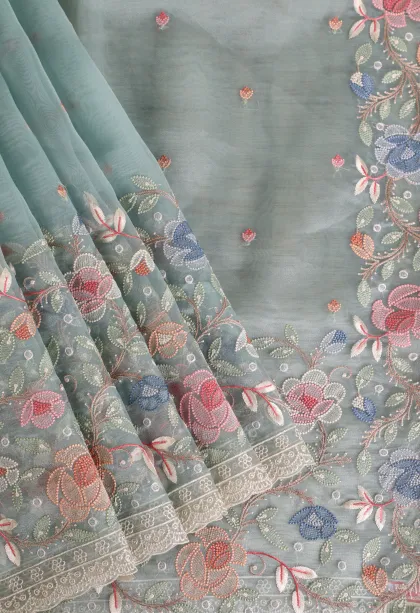 Sky Blue Organza Saree with Thread Zari Flower Mottif