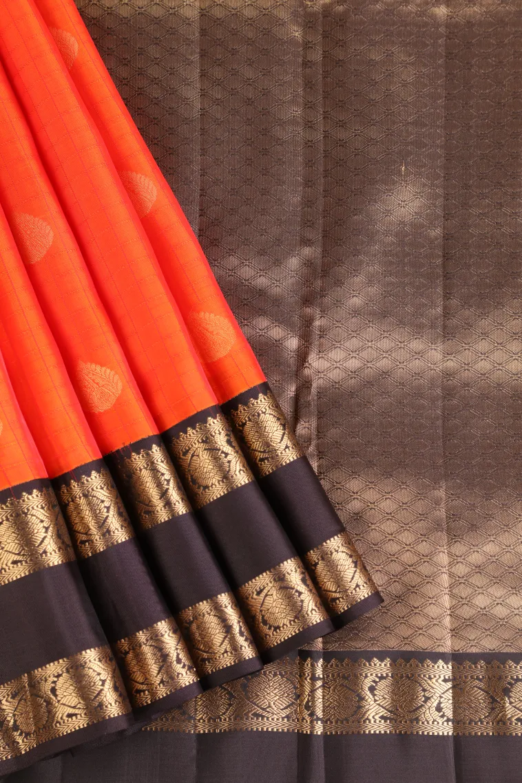 Fire Orange Soft Silk Saree with Gold Zari Checks And Puttas