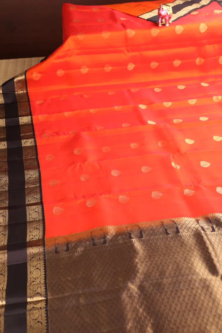 Fire Orange Soft Silk Saree with Gold Zari Checks And Puttas view 2