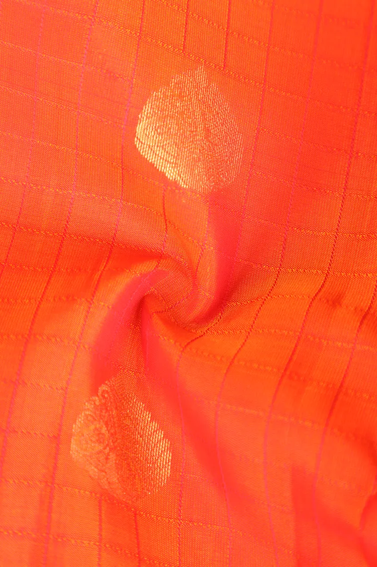 Fire Orange Soft Silk Saree with Gold Zari Checks And Puttas view 4