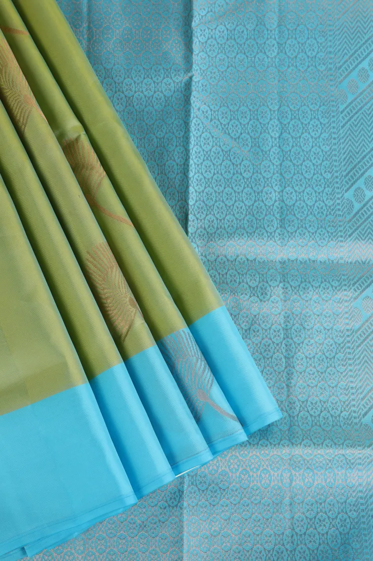 Olive Green Soft Silk Saree with Gold Zari Flower Mottif view 1