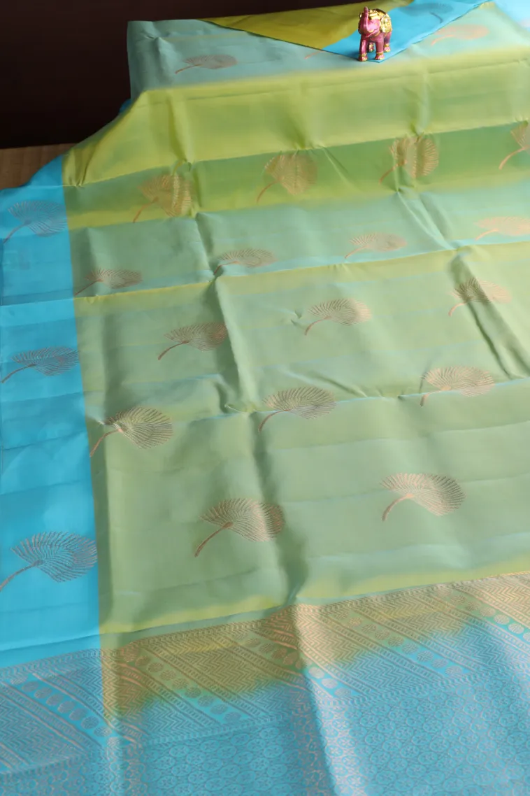 Olive Green Soft Silk Saree with Gold Zari Flower Mottif view 2