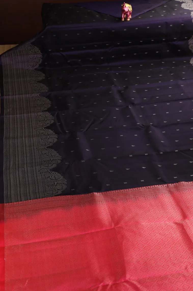 Indigo Blue Soft Silk Saree with Silver Zari Buttis (small Dots Or Motifs) view 2