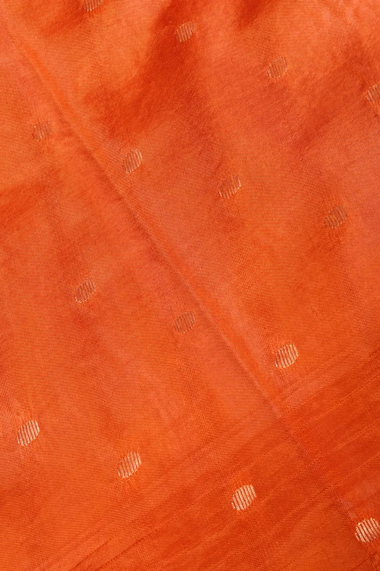 Fire Orange Raw Silk Sarees with Gold Zari Rangoli Pattren view 3