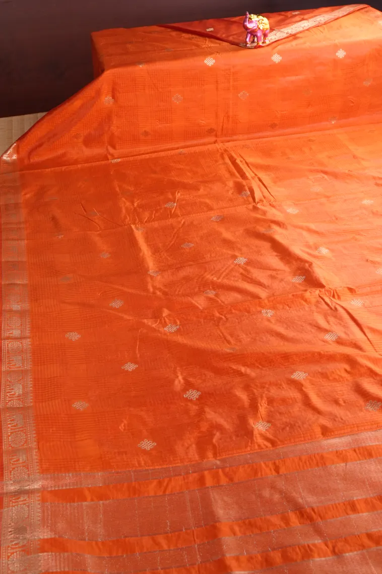 Fire Orange Raw Silk Sarees with Gold Zari Rangoli Pattren view 2