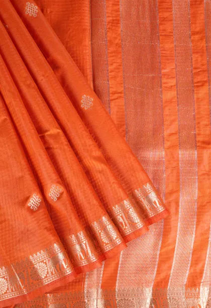 Fire Orange Raw Silk Sarees with Gold Zari Rangoli Pattren