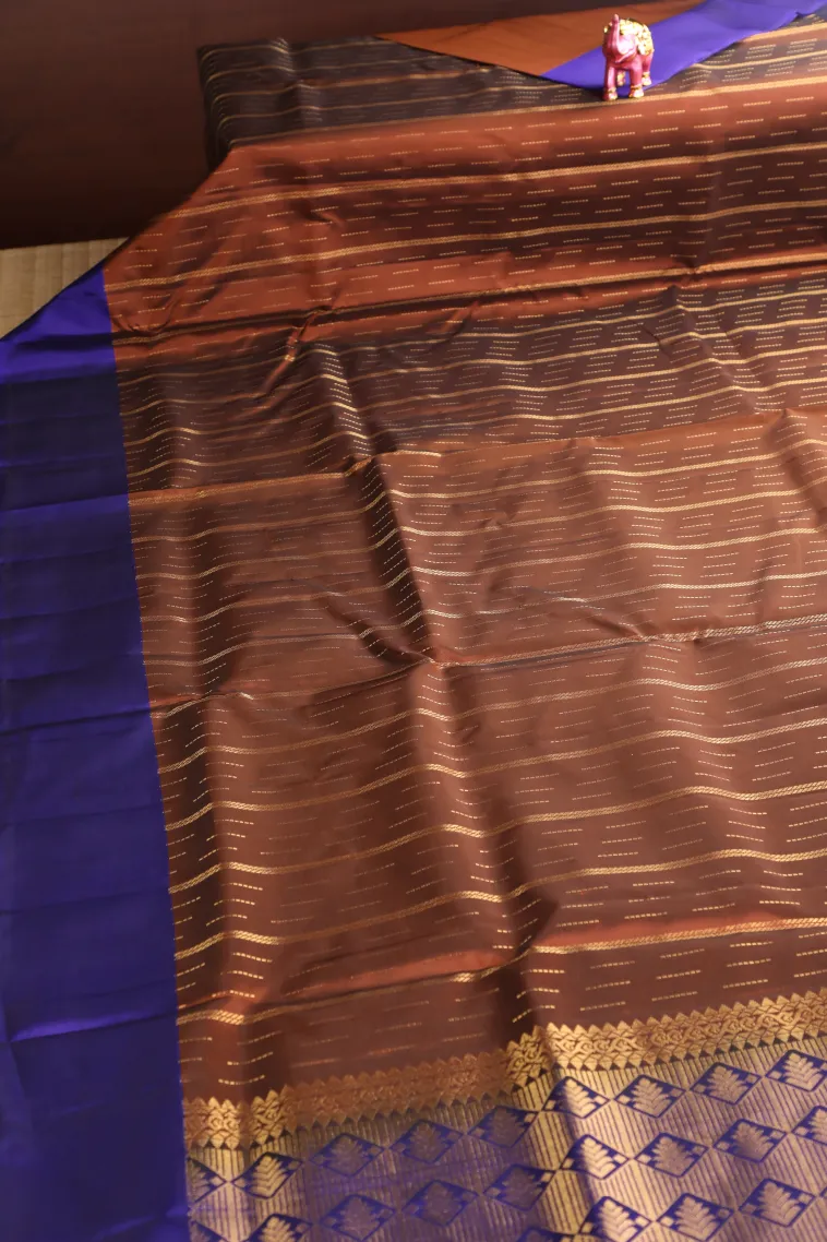 Tawny Brown Soft Silk Saree with Gold Zari Stripes view 2
