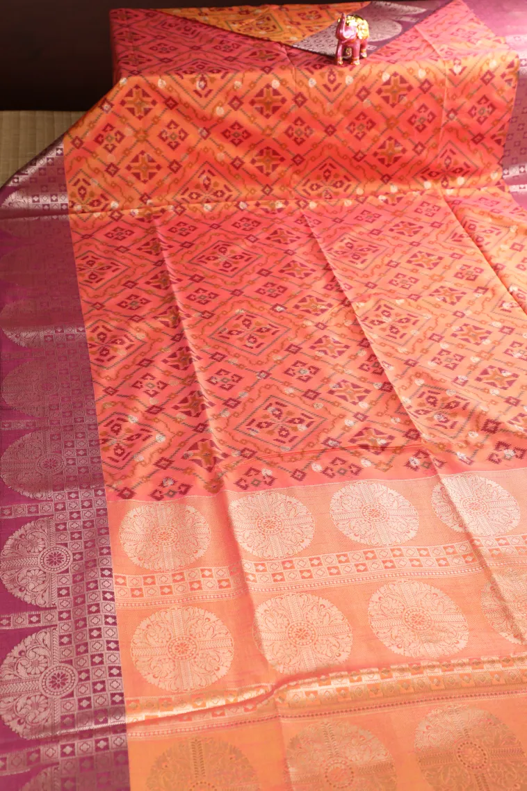 Peach Pink Semi Tussar Silk with Bronze Zari Geometric Shapes view 2