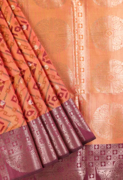 Peach Pink Semi Tussar Silk with Bronze Zari Geometric Shapes