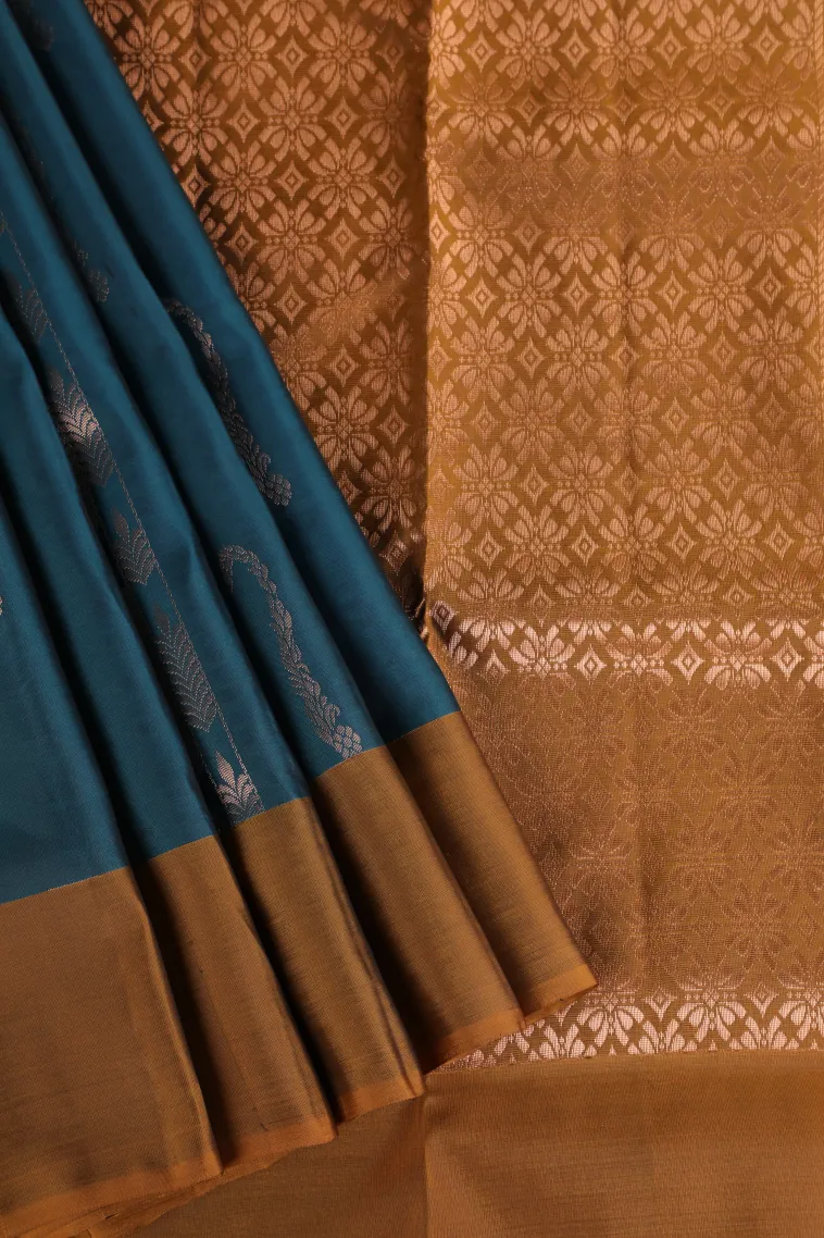 Aegean Blue Soft Silk Saree with Gold Zari Stripes And Puttas