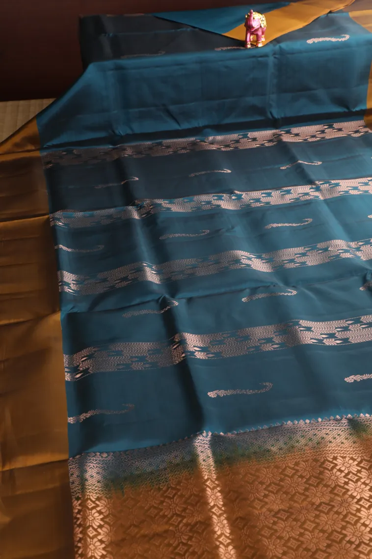 Aegean Blue Soft Silk Saree with Gold Zari Stripes And Puttas view 2