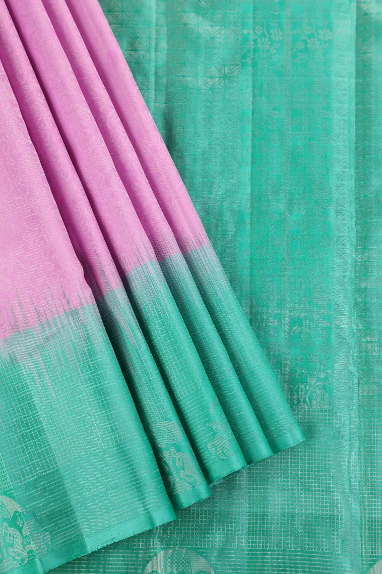 Lean Pink Soft Silk Saree with Silver Zari Floral Puttas