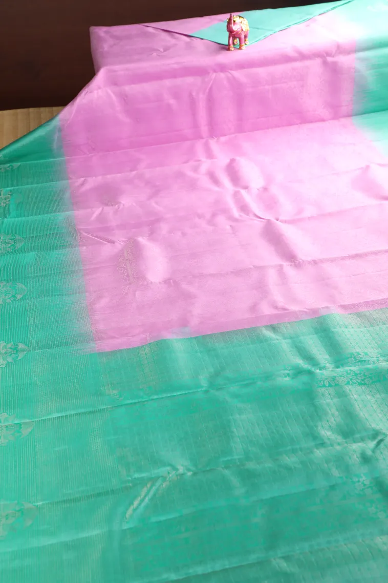 Lean Pink Soft Silk Saree with Silver Zari Floral Puttas view 2