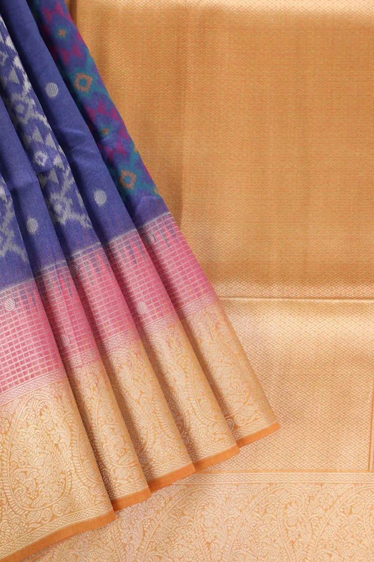 Navy Blue Tussar Saree with Bronze Zari Ikkat