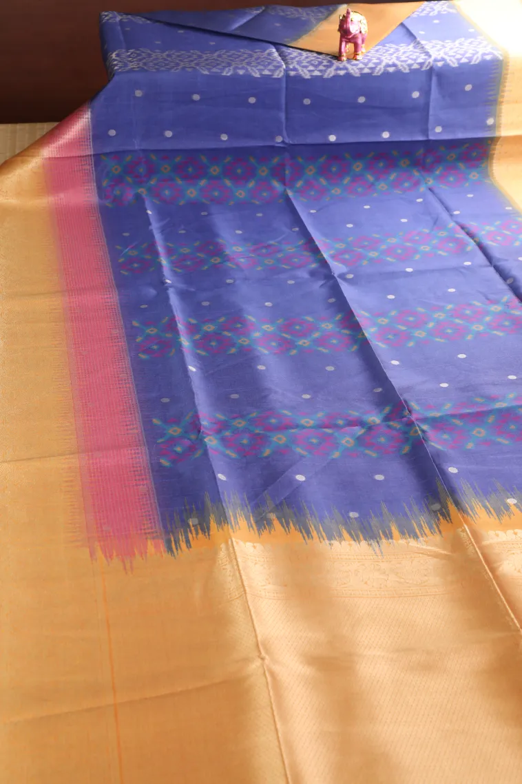 Navy Blue Tussar Saree with Bronze Zari Ikkat view 2