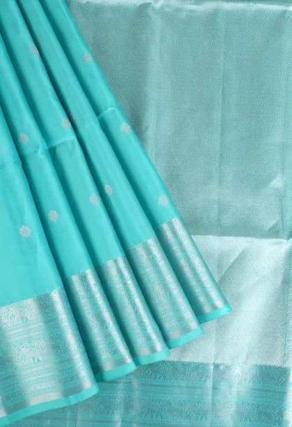 Sky Blue Soft Silk Saree with Silver Zari Buttis (small Dots Or Motifs)