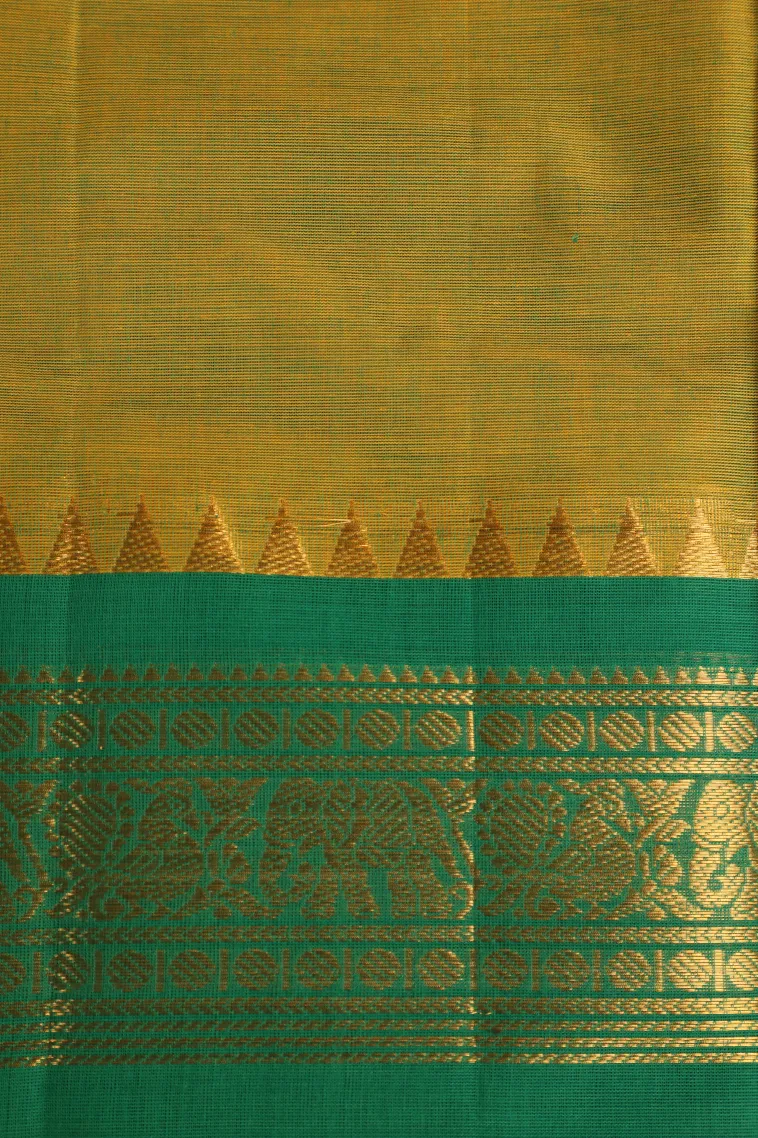 Olive Green Chettinad Cotton Sarees with Gold Zari Plain view 3