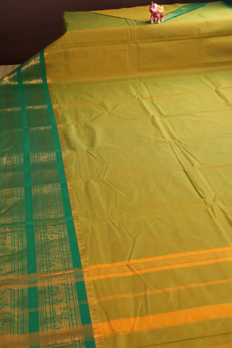 Olive Green Chettinad Cotton Sarees with Gold Zari Plain view 2