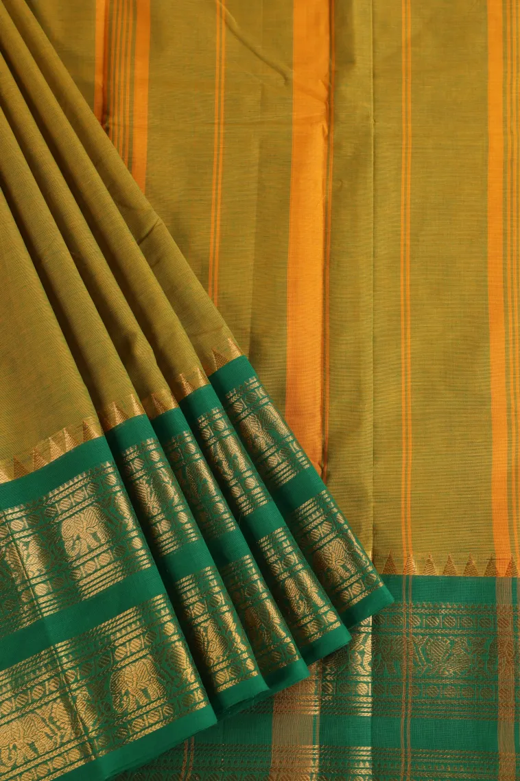 Olive Green Chettinad Cotton Sarees with Gold Zari Plain