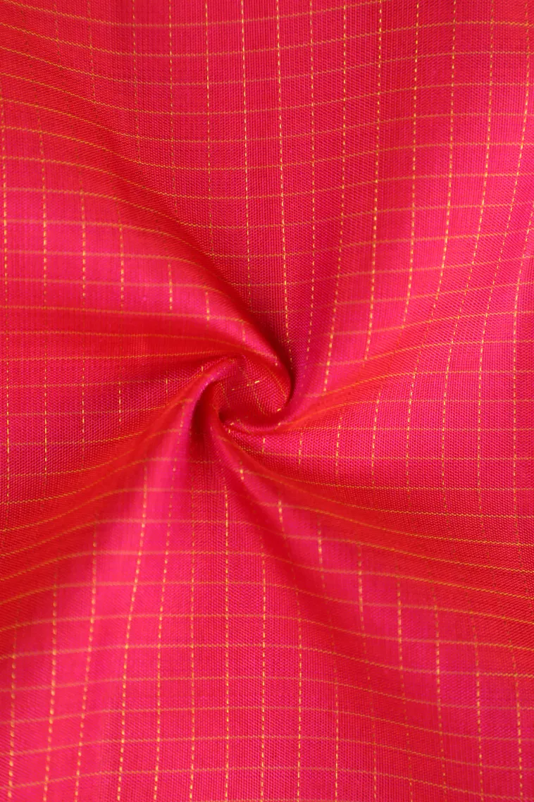 Punch Pink Kanchipuram Silk Sarees with Gold Zari Small Checks Pattern view 4
