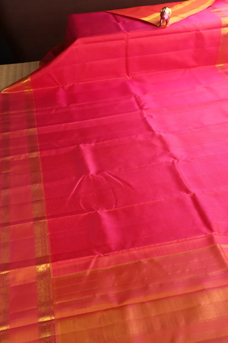 Punch Pink Kanchipuram Silk Sarees with Gold Zari Small Checks Pattern view 2