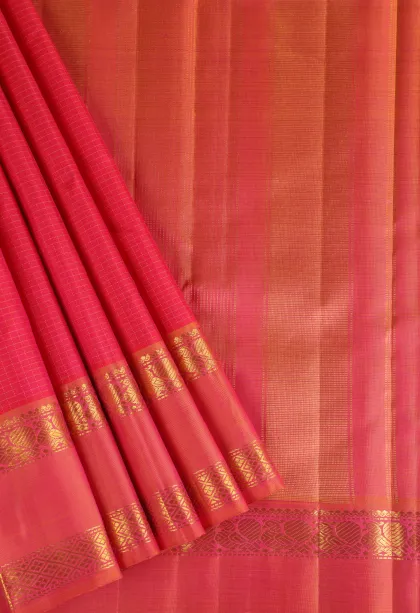 Punch Pink Kanchipuram Silk Sarees with Gold Zari Small Checks Pattern