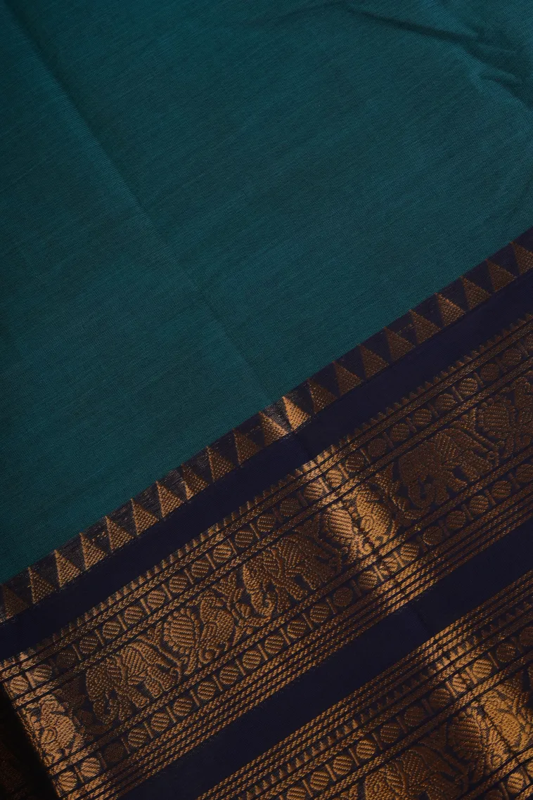 Aegean Blue Chettinad Cotton Sarees with Gold Zari Plain view 3