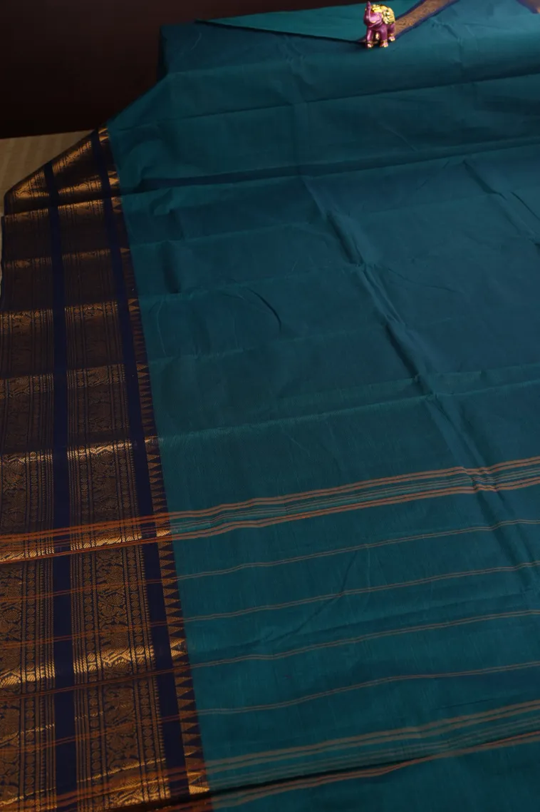 Aegean Blue Chettinad Cotton Sarees with Gold Zari Plain view 2