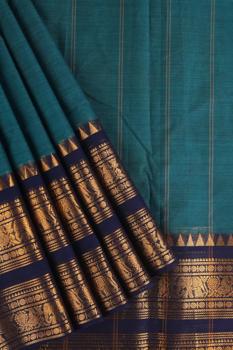 Aegean Blue Chettinad Cotton Sarees with Gold Zari Plain