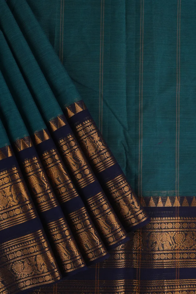 Aegean Blue Chettinad Cotton Sarees with Gold Zari Plain