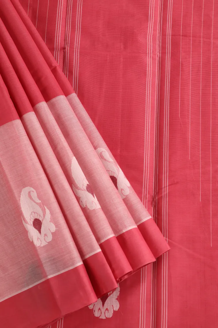 Punch Pink Kanchi Cotton Sarees Without Zari With Stripes And Puttas