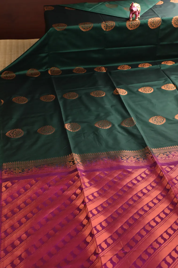 Bottle Green Soft Silk Saree with Copper Zari Mango Puttas view 2